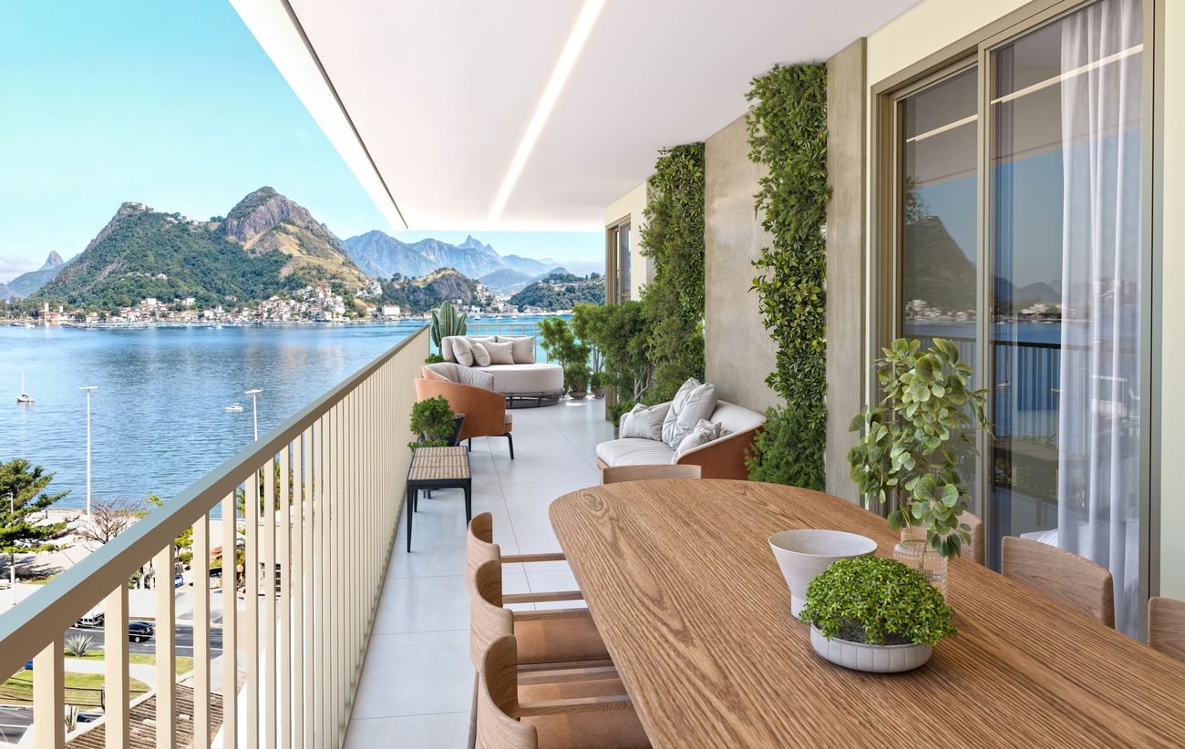 Perspectiva da varanda de um apartamento de 2 quartos do Sou+ Charitas, com vista para o mar